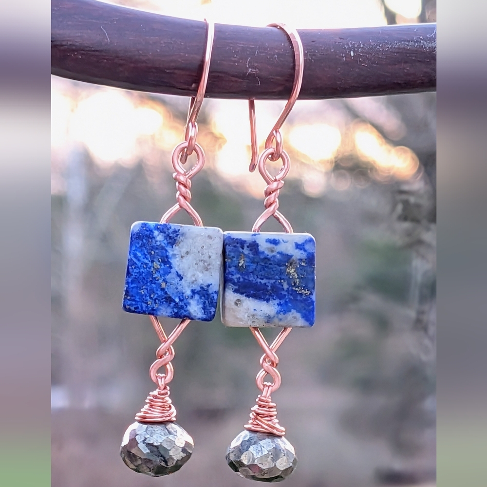 Lapis Lazuli Gemstone Earrings Artisan Crafted Copper Wrap Pyrite Drop Accents